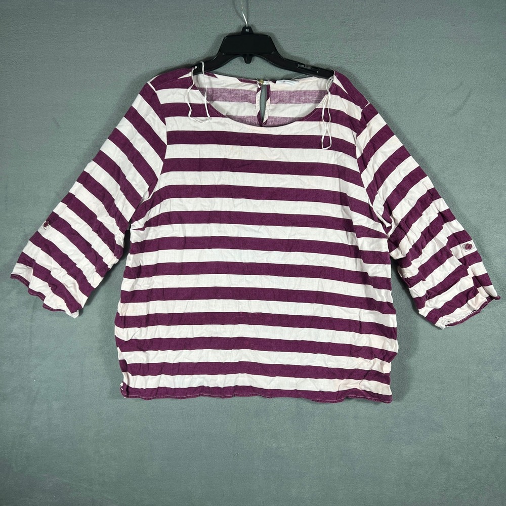 Liz Claiborne Womens Top XL Purple Striped Relaxed 3/4 Sleeve Linen Blend